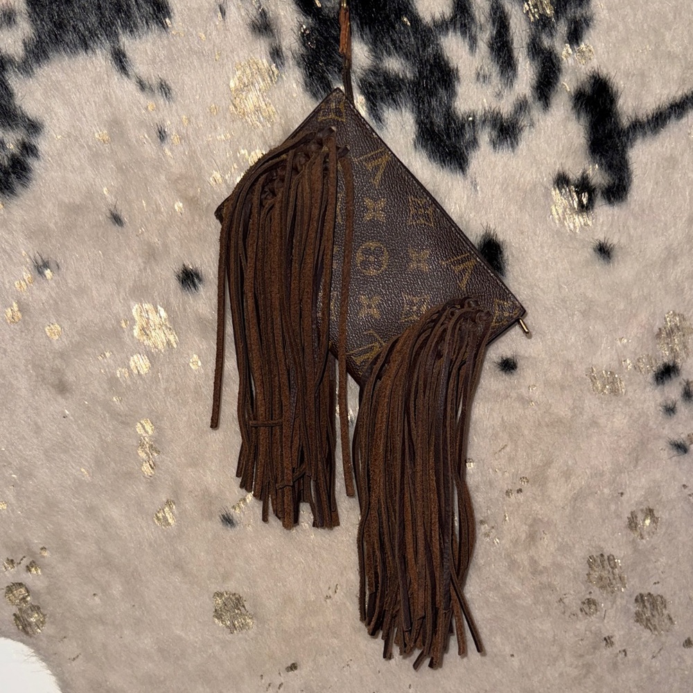 Vintage boho Brown Fringe Monogrammed Pouch